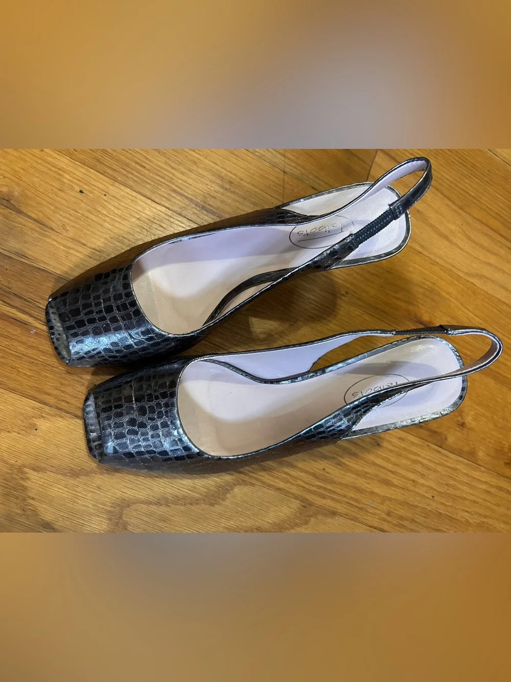 Talbots Metallic Sling Back Peep Toe Leather Wedge Sandal Croc Embossed Sz 8.5B